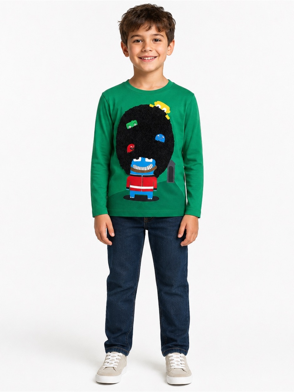 H&M Kids Green Fuzzy Monster Guard Graphic Long Sleeve Shirt 6-8Y